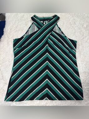 INC International Concepts Green Black White Striped Sleeveless Halter Top